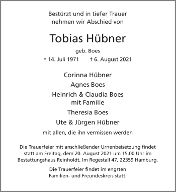 Traueranzeige von Tobias Hübner von Ruhr Nachrichten und Dorstener Zeitung