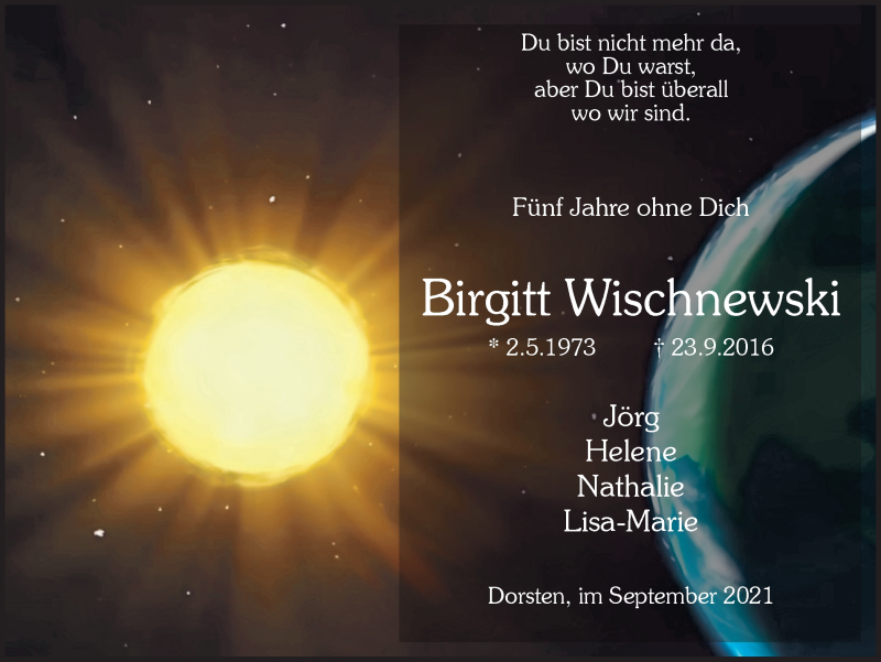  Traueranzeige für Birgitt Wischnewski vom 22.09.2021 aus Ruhr Nachrichten und Dorstener Zeitung
