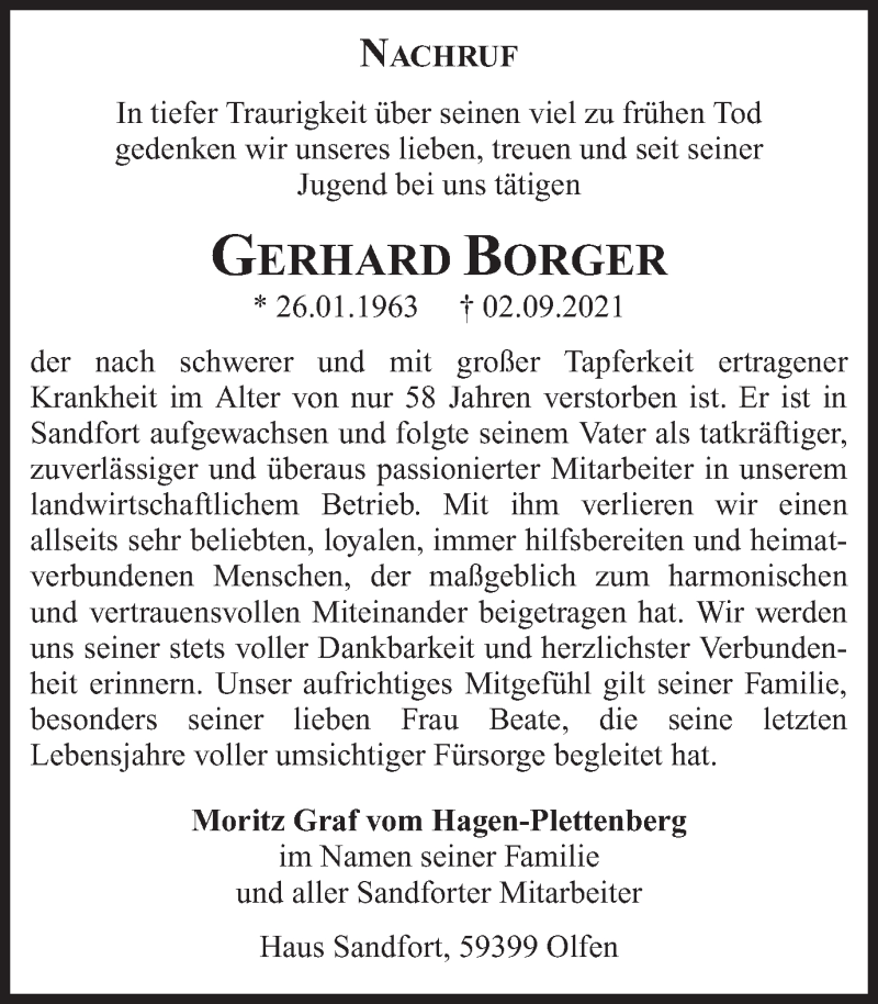  Traueranzeige für Gerhard Borger vom 07.09.2021 aus Ruhr Nachrichten