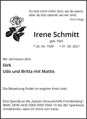 Traueranzeige von Irene Schmitt von Hellweger Anzeiger