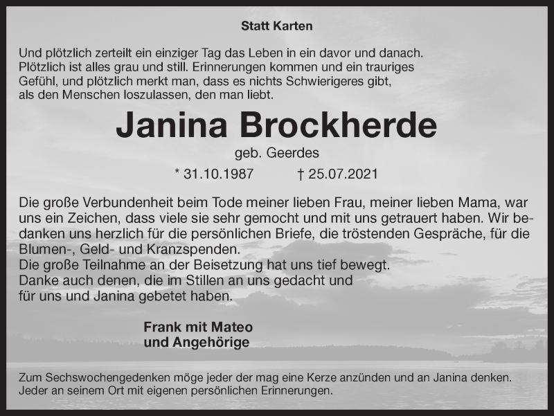  Traueranzeige für Janina Brockherde vom 01.09.2021 aus Münstersche Zeitung und Münsterland Zeitung