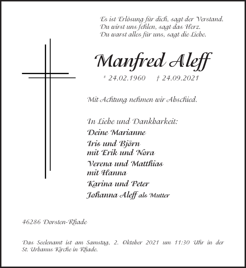 Traueranzeigen von Manfred Aleff | sich-erinnern.de