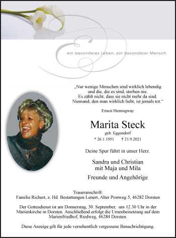 Traueranzeige von Marita Steck von Ruhr Nachrichten und Dorstener Zeitung