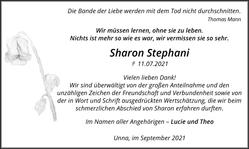  Traueranzeige für Sharon Stephani vom 04.09.2021 aus Hellweger Anzeiger
