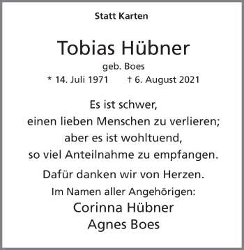 Traueranzeige von Tobias Hübner von Ruhr Nachrichten und Dorstener Zeitung