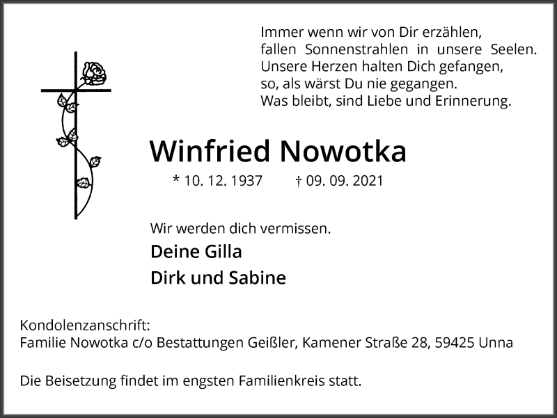  Traueranzeige für Winfried Nowotka vom 14.09.2021 aus Hellweger Anzeiger