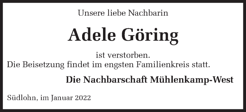 Traueranzeige für Adele Göring vom 20.01.2022 aus Münstersche Zeitung und Münsterland Zeitung