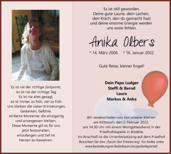 Traueranzeige von Anika Olbers von Münstersche Zeitung und Münsterland Zeitung