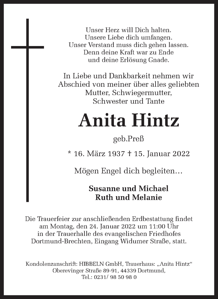  Traueranzeige für Anita Hintz vom 19.01.2022 aus 