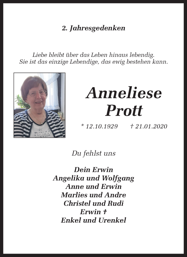  Traueranzeige für Anneliese Prott vom 21.01.2022 aus Ruhr Nachrichten