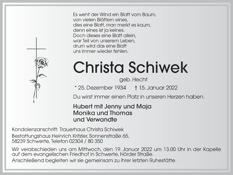  Traueranzeige für Christa Schiwek vom 18.01.2022 aus Ruhr Nachrichten