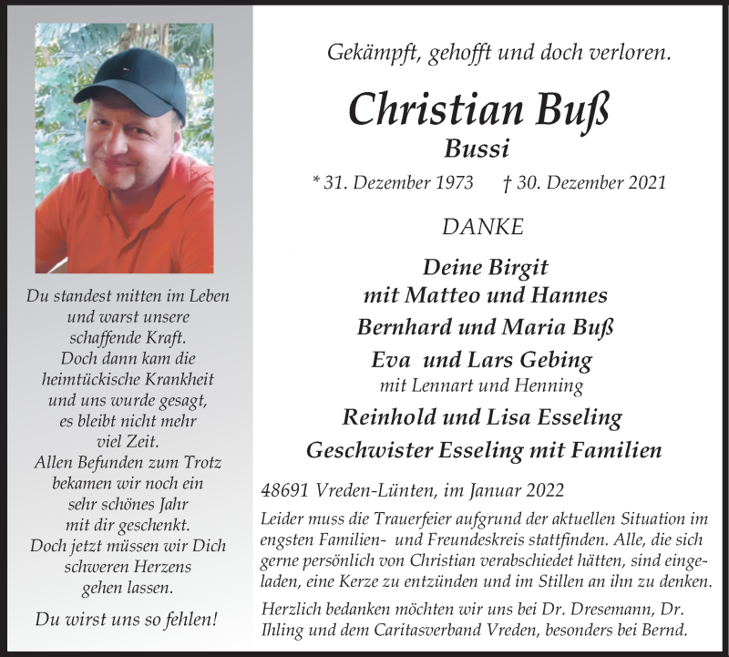  Traueranzeige für Christian Buß vom 04.01.2022 aus Münstersche Zeitung und Münsterland Zeitung