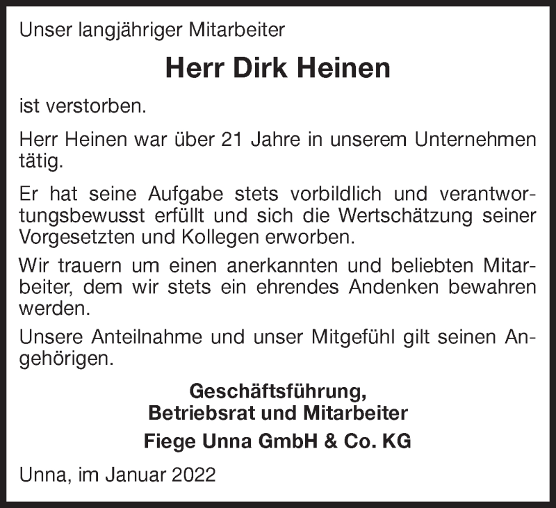  Traueranzeige für Dirk Heinen vom 29.01.2022 aus Hellweger Anzeiger