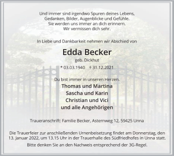 Traueranzeige von Edda Becker von Hellweger Anzeiger