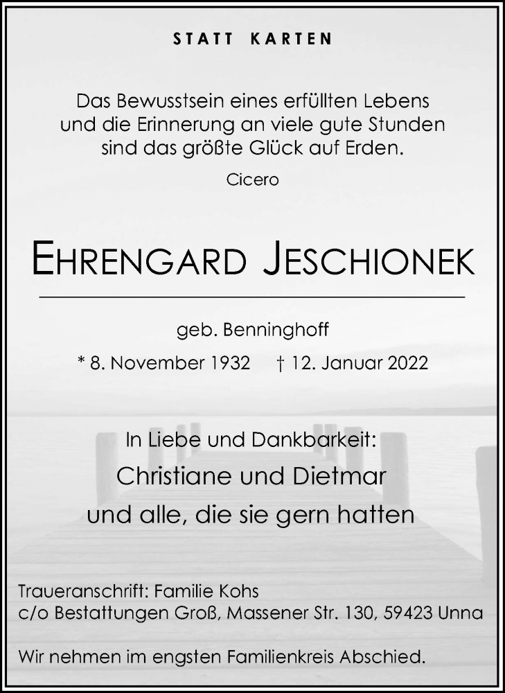  Traueranzeige für Ehrengard Jeschionek vom 17.01.2022 aus Hellweger Anzeiger