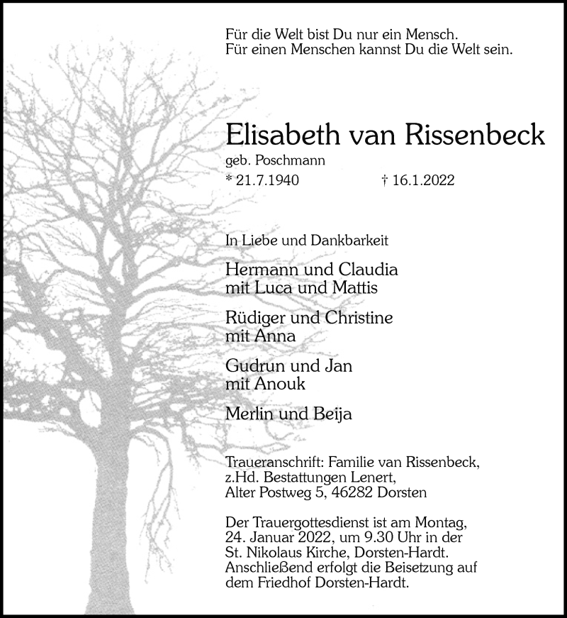  Traueranzeige für Elisabeth van Rissenbeck vom 19.01.2022 aus Ruhr Nachrichten und Dorstener Zeitung