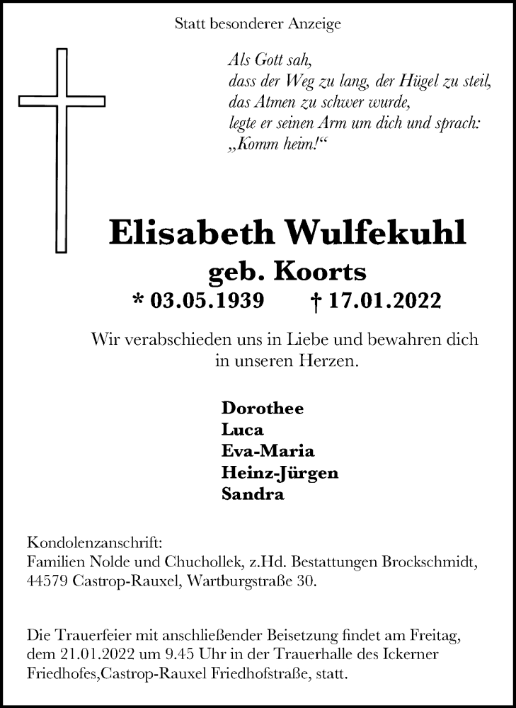  Traueranzeige für Elisabeth Wulfekuhl vom 19.01.2022 aus Ruhr Nachrichten