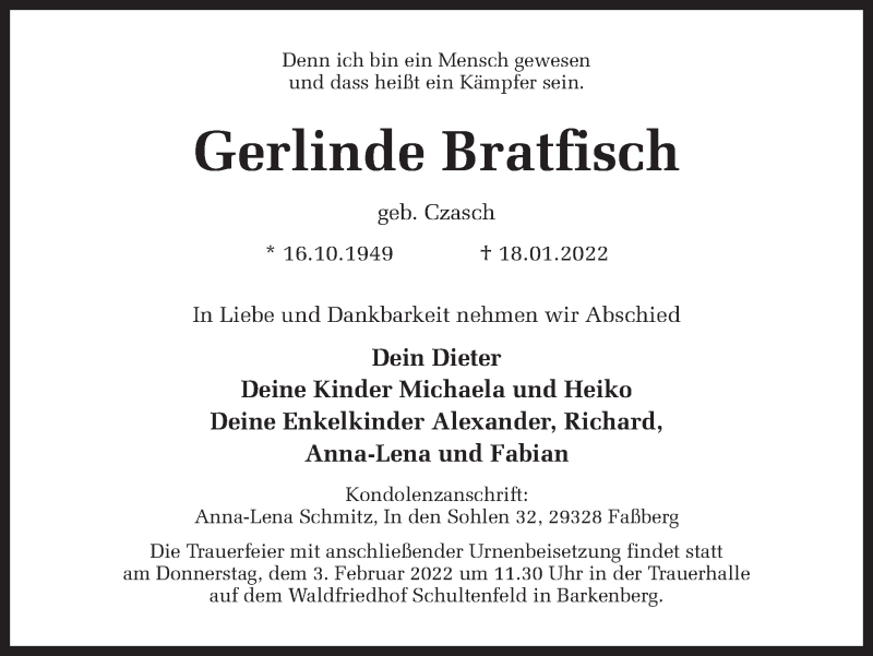  Traueranzeige für Gerlinde Bratfisch vom 21.01.2022 aus Ruhr Nachrichten und Dorstener Zeitung