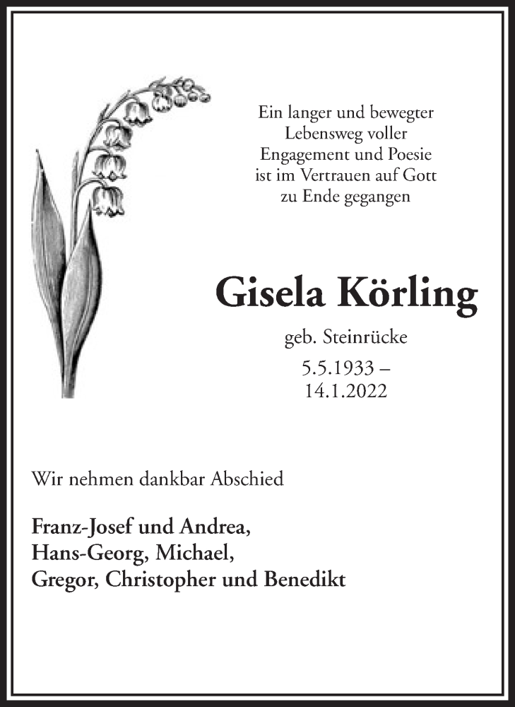  Traueranzeige für Gisela Körling vom 19.01.2022 aus 