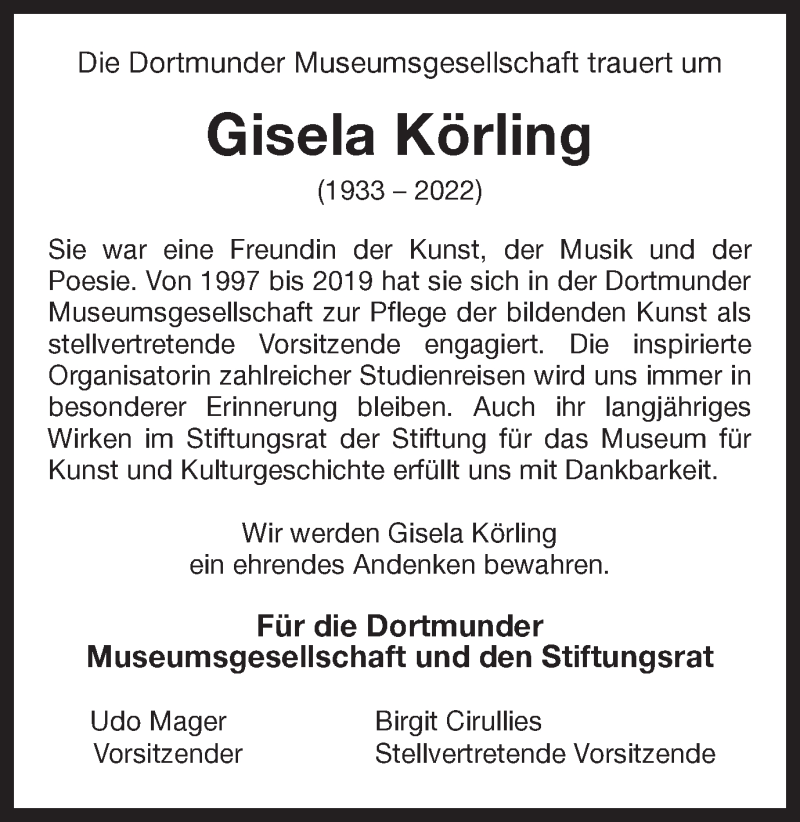  Traueranzeige für Gisela Körling vom 29.01.2022 aus 