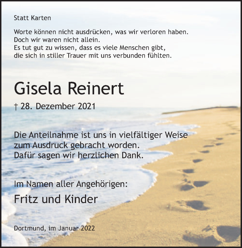  Traueranzeige für Gisela Reinert vom 22.01.2022 aus 