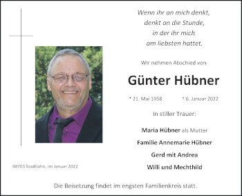 Traueranzeige von Günter Hübner von Münstersche Zeitung und Münsterland Zeitung