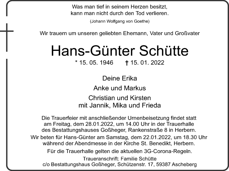  Traueranzeige für Hans-Günter Schütte vom 19.01.2022 aus Ruhr Nachrichten