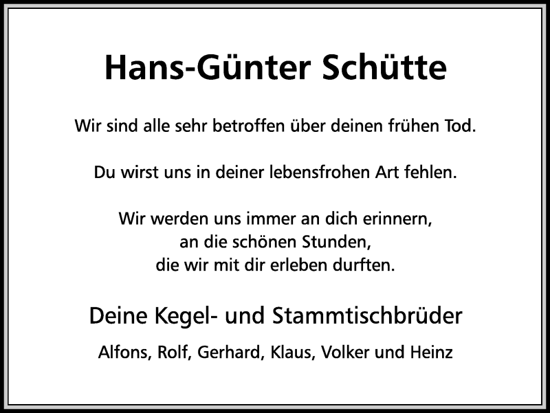  Traueranzeige für Hans-Günter Schütte vom 29.01.2022 aus Ruhr Nachrichten