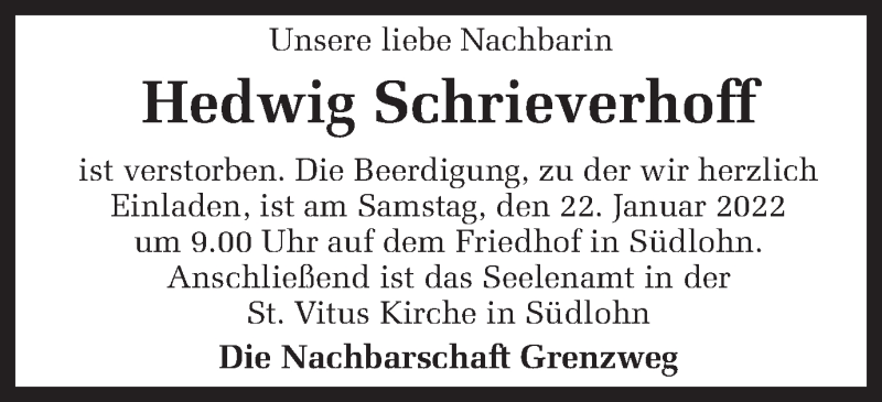  Traueranzeige für Hedwig Schrieverhoff vom 20.01.2022 aus Münstersche Zeitung und Münsterland Zeitung