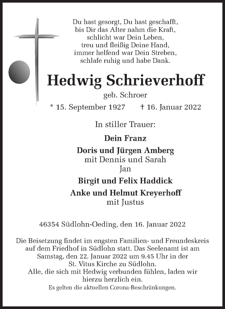  Traueranzeige für Hedwig Schrieverhoff vom 19.01.2022 aus Münstersche Zeitung und Münsterland Zeitung