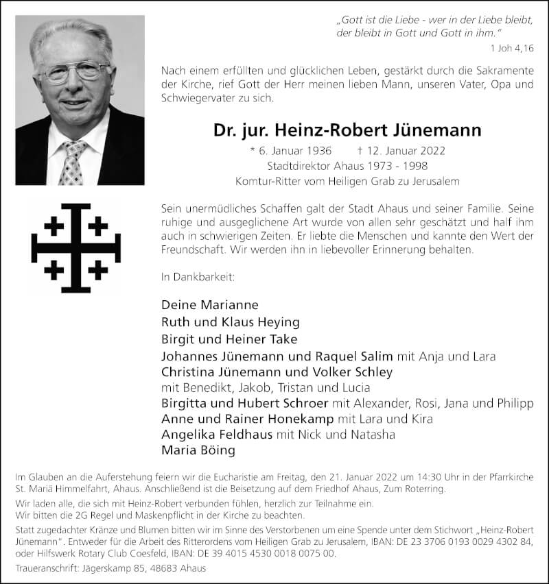  Traueranzeige für Heinz-Robert Jünemann vom 15.01.2022 aus Münstersche Zeitung und Münsterland Zeitung
