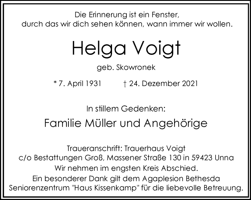  Traueranzeige für Helga Voigt vom 05.01.2022 aus Hellweger Anzeiger