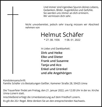 Traueranzeige von Helmut Schäfer von Hellweger Anzeiger