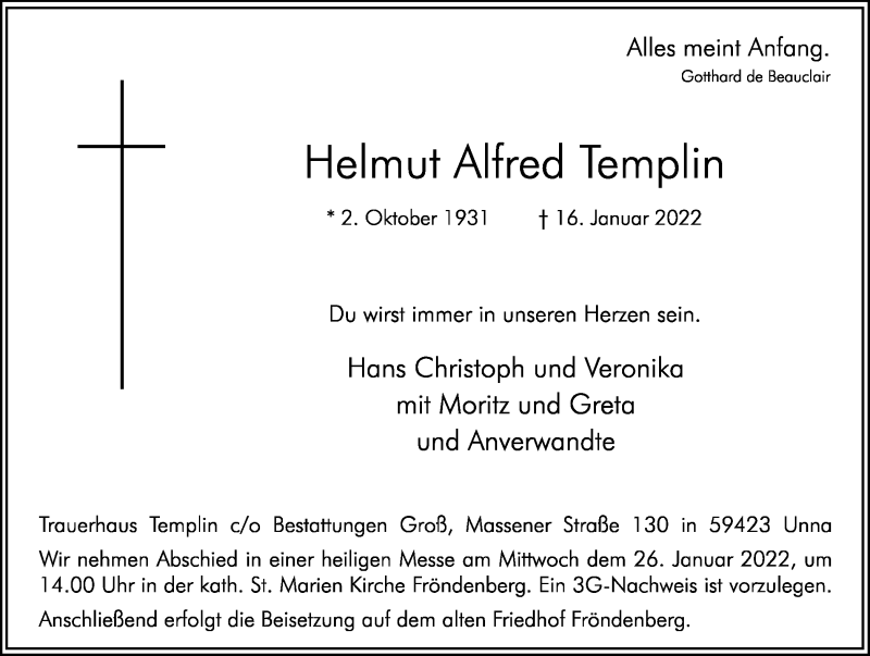  Traueranzeige für Helmut Alfred Templin vom 21.01.2022 aus Hellweger Anzeiger