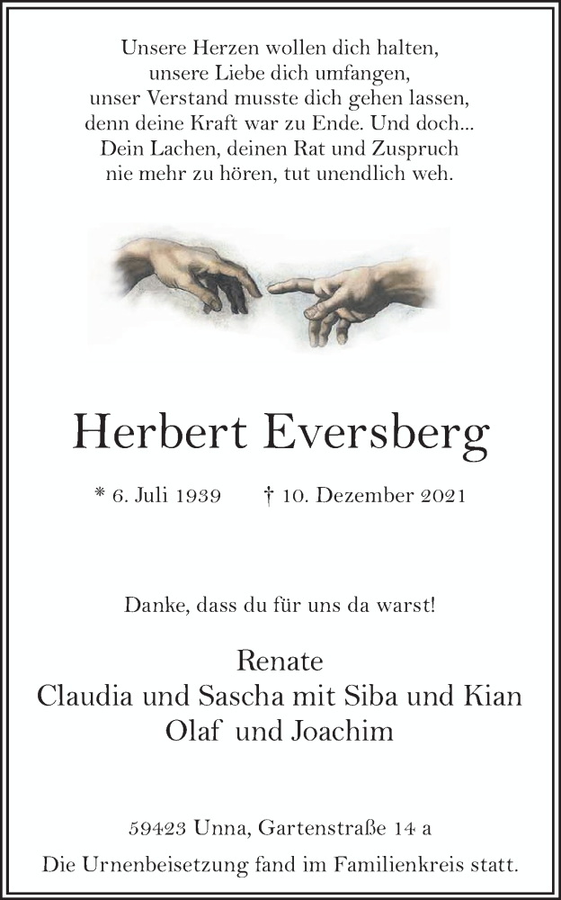  Traueranzeige für Herbert Eversberg vom 08.01.2022 aus Hellweger Anzeiger