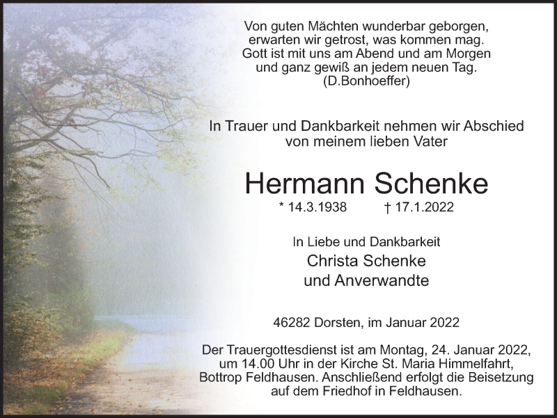  Traueranzeige für Hermann Schenke vom 20.01.2022 aus Ruhr Nachrichten und Dorstener Zeitung
