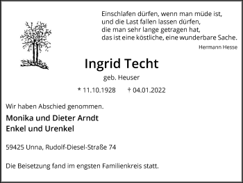 Traueranzeige von Ingrid Techt von Hellweger Anzeiger