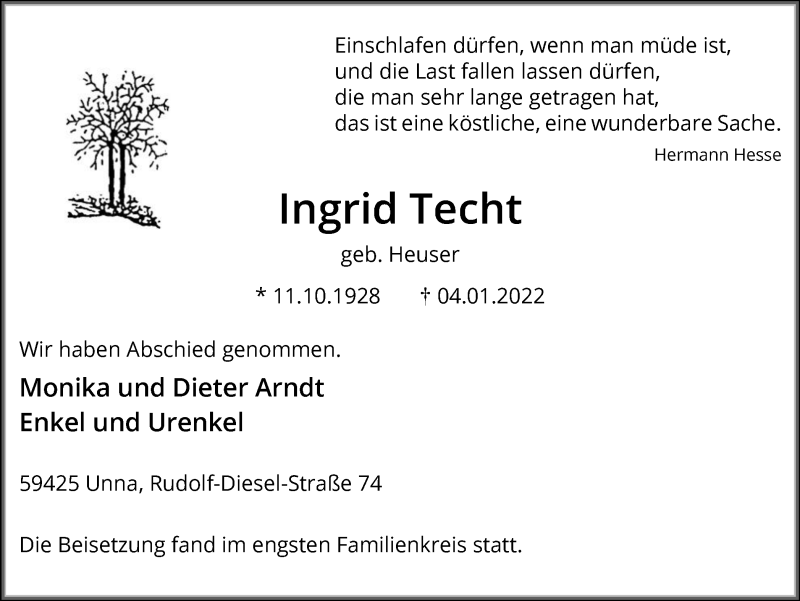  Traueranzeige für Ingrid Techt vom 19.01.2022 aus Hellweger Anzeiger