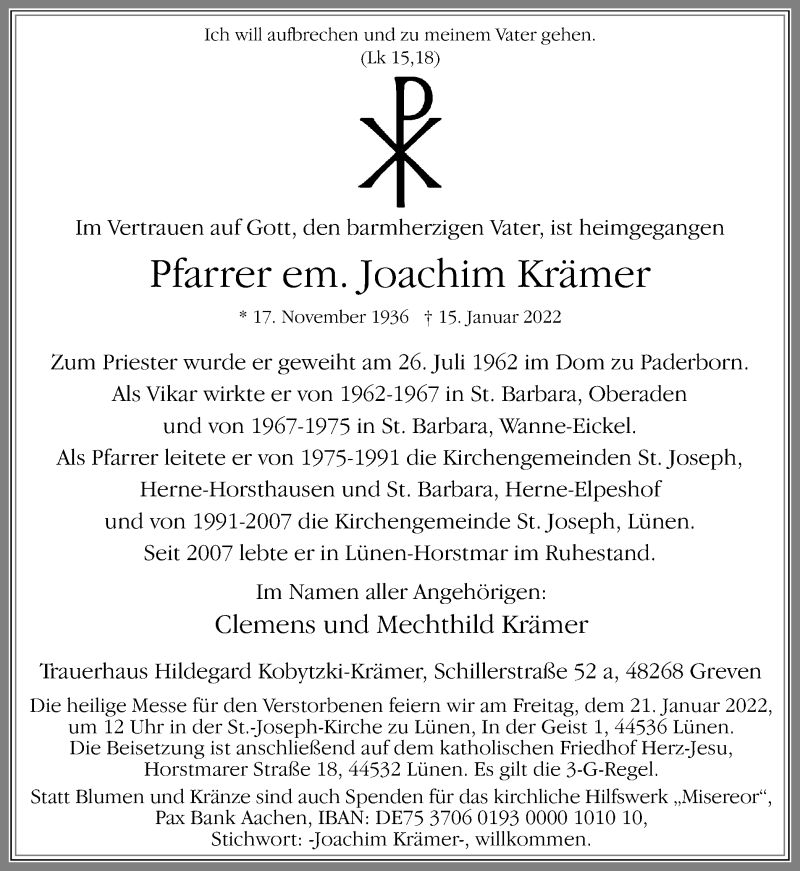  Traueranzeige für Joachim Krämer vom 19.01.2022 aus Ruhr Nachrichten