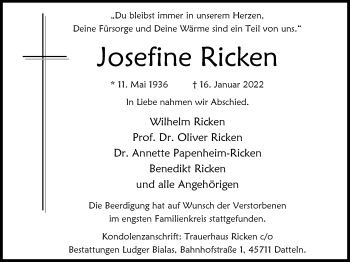 Traueranzeige von Josefine Ricken von Medienhaus Bauer