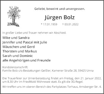Traueranzeige von Jürgen Bolz von Hellweger Anzeiger