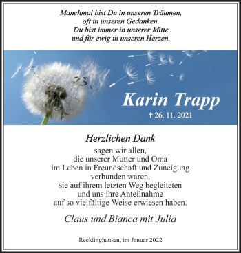 Traueranzeige von Karin Trapp von Medienhaus Bauer