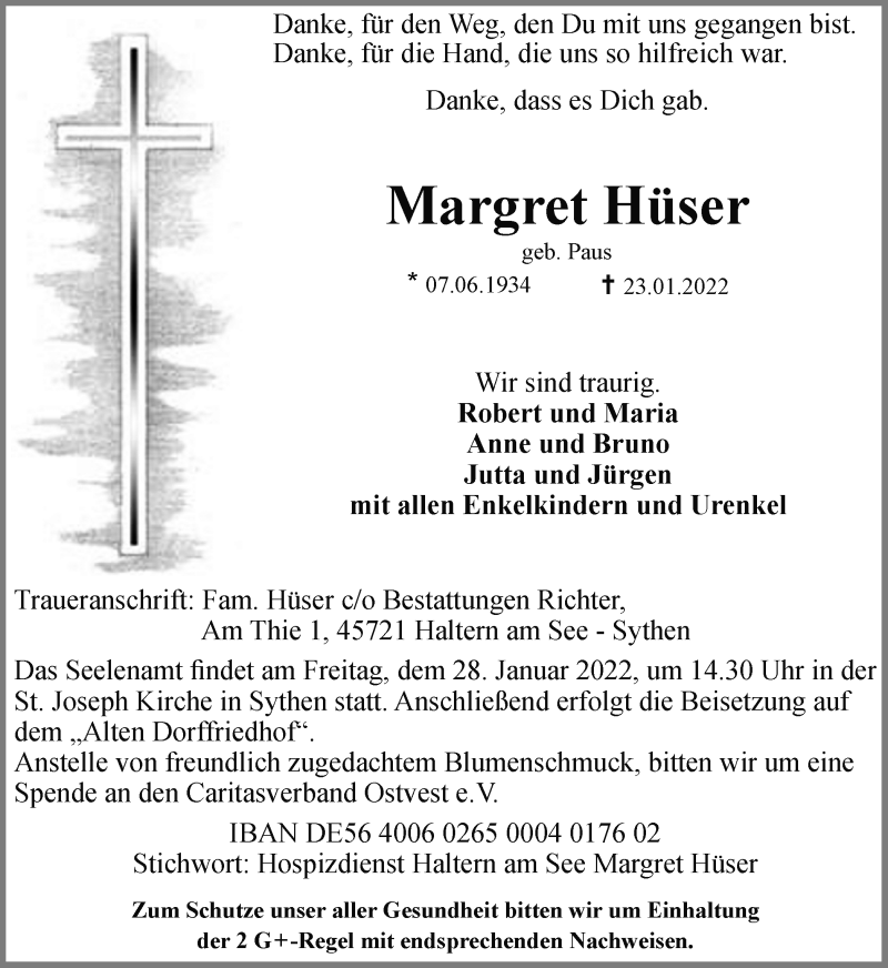  Traueranzeige für Margret Hüser vom 27.01.2022 aus Ruhr Nachrichten und Halterner Zeitung