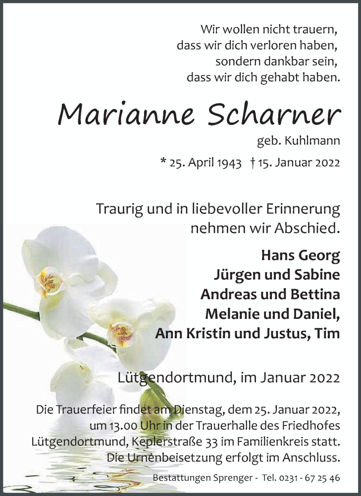  Traueranzeige für Marianne Scharner vom 19.01.2022 aus 