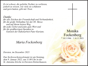 Traueranzeige von Monika Fockenberg von Ruhr Nachrichten und Dorstener Zeitung