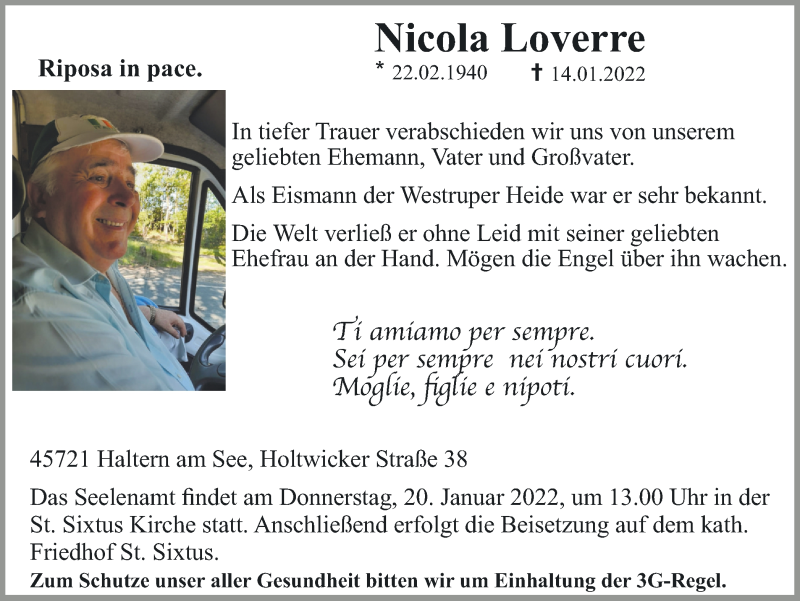  Traueranzeige für Nicola Loverre vom 19.01.2022 aus Ruhr Nachrichten und Halterner Zeitung