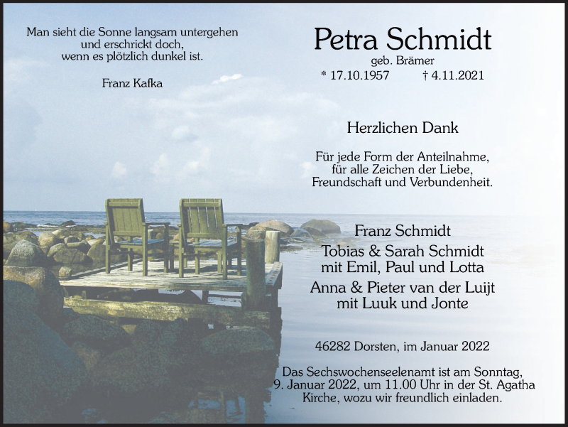  Traueranzeige für Petra Schmidt vom 04.01.2022 aus Ruhr Nachrichten und Dorstener Zeitung