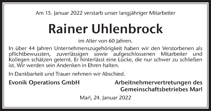  Traueranzeige für Rainer Uhlenbrock vom 24.01.2022 aus Medienhaus Bauer