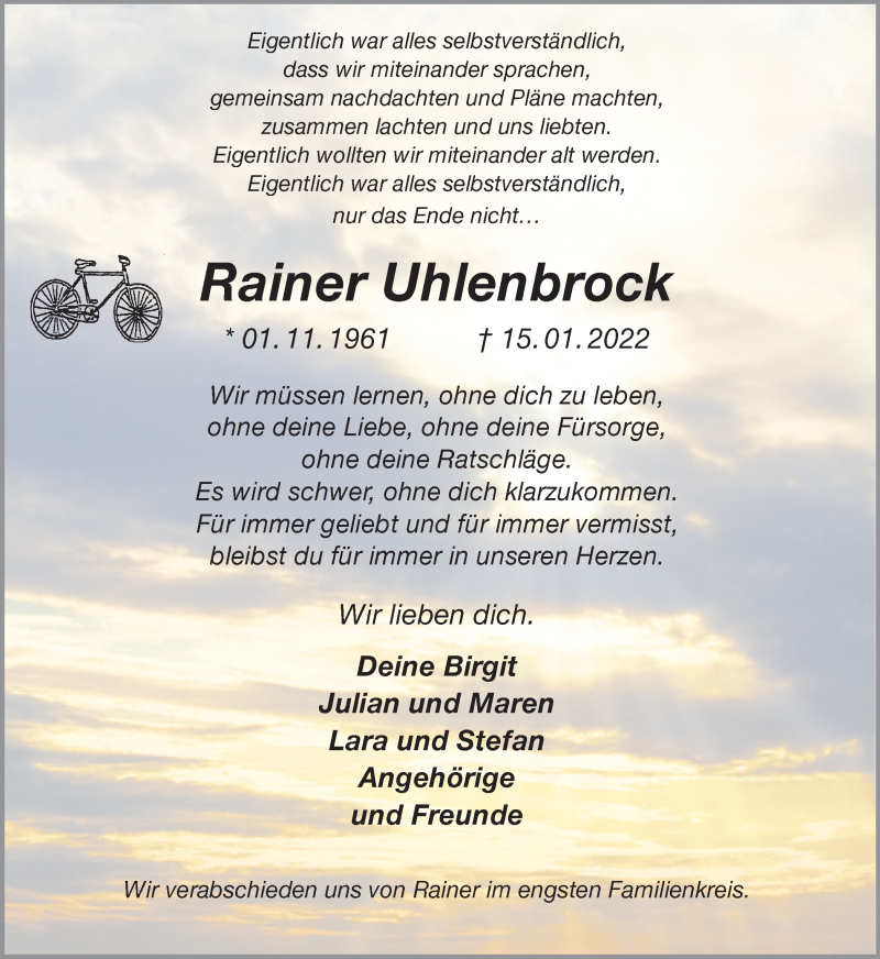  Traueranzeige für Rainer Uhlenbrock vom 19.01.2022 aus Ruhr Nachrichten und Halterner Zeitung
