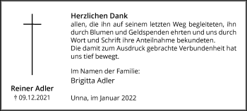 Traueranzeige von Reiner Adler von Hellweger Anzeiger